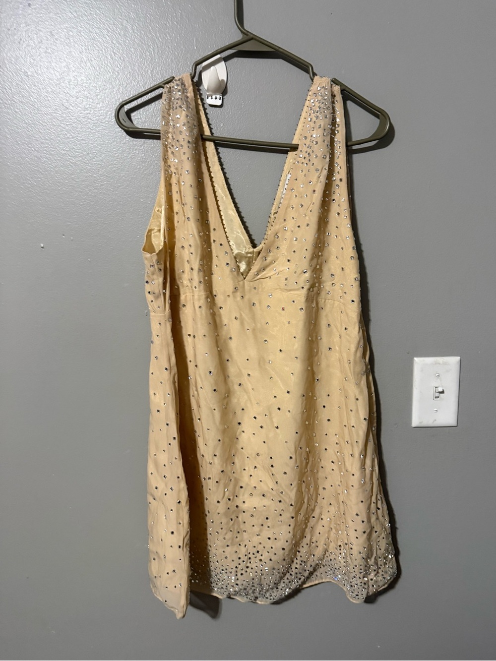 Zara ZW Collection Rhinestone Studded Mini Dress Beige V-Neck size XL NWT